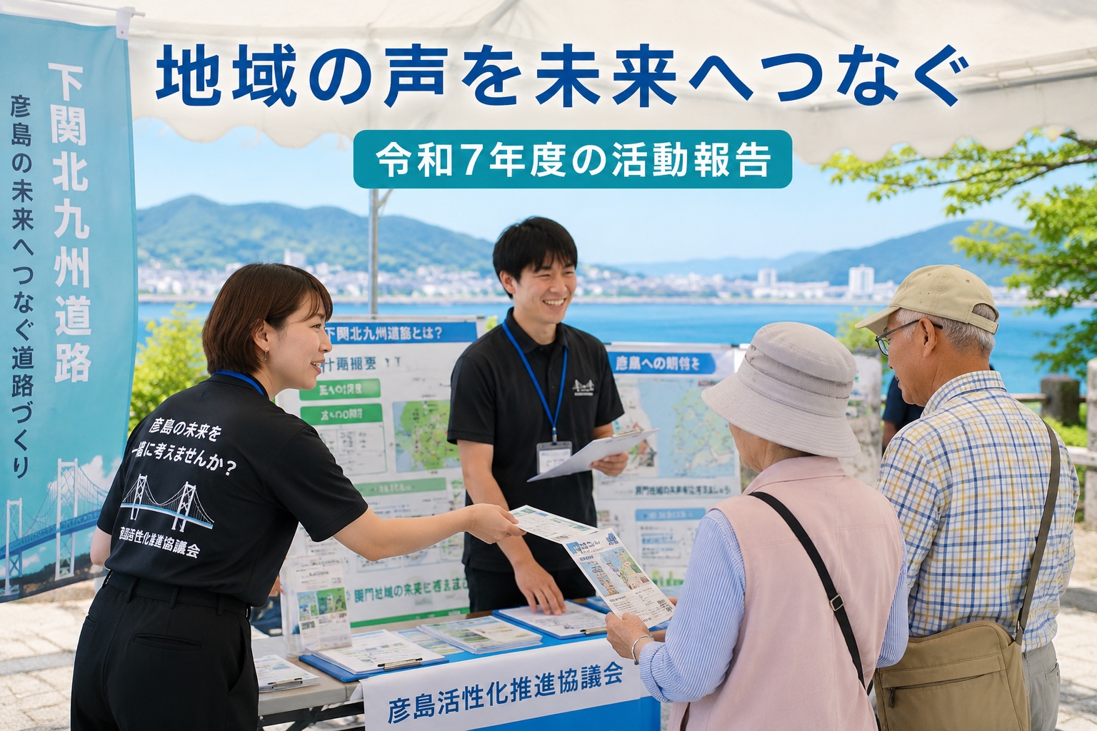地域イベントの広報ブースで、来場者に協議会の活動を説明するスタッフの様子