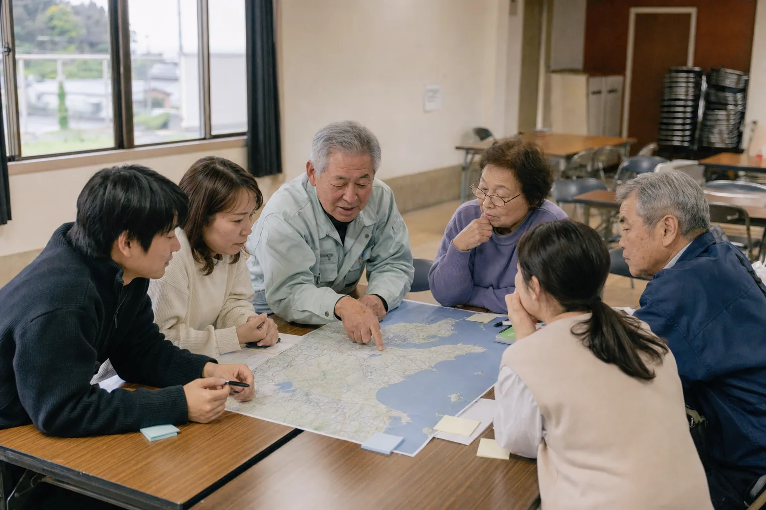地域会館で地図を囲んで意見交換する住民たちのAI生成イメージ