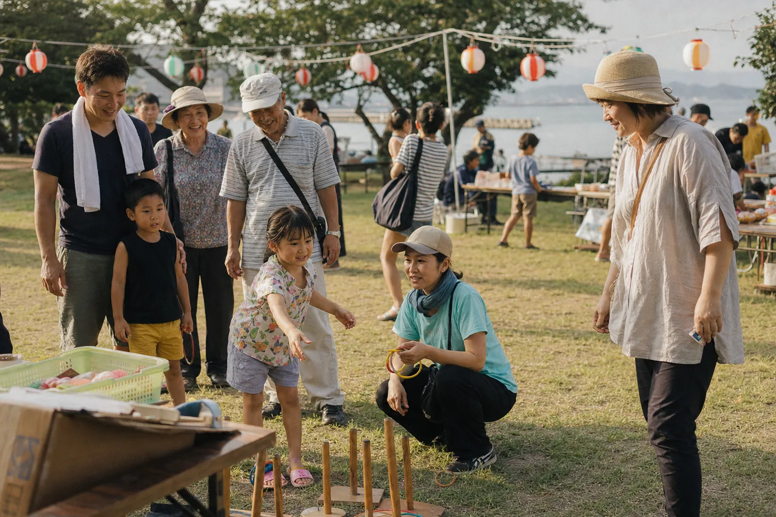 海辺の地域行事で子どもと大人が交流する様子を描いたAI生成イメージ