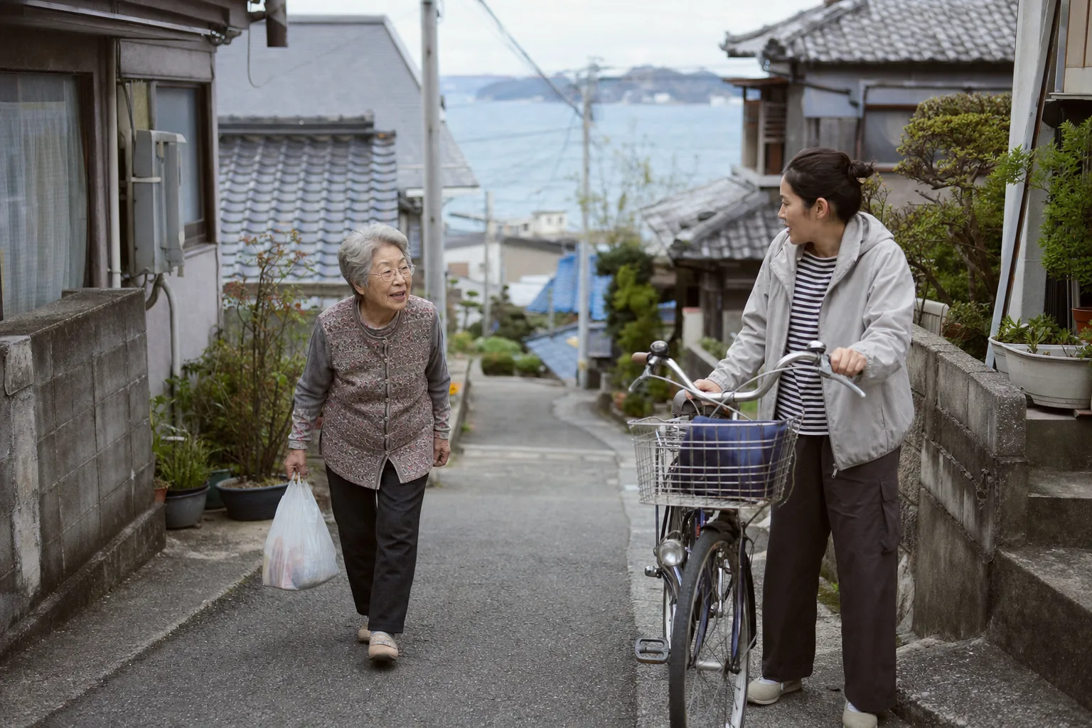 彦島を思わせる坂道で挨拶を交わす地域住民のAI生成イメージ