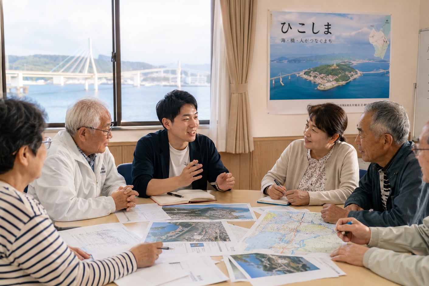 関門海峡を望む会議室で、世代を越えて彦島の未来を話し合う地域住民たち