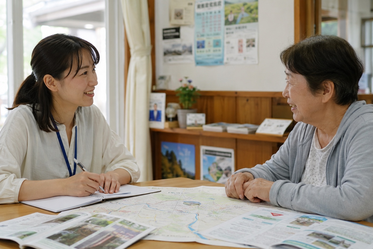 地図や資料を見せながら、彦島にお住まいの方に計画の内容を説明するスタッフ