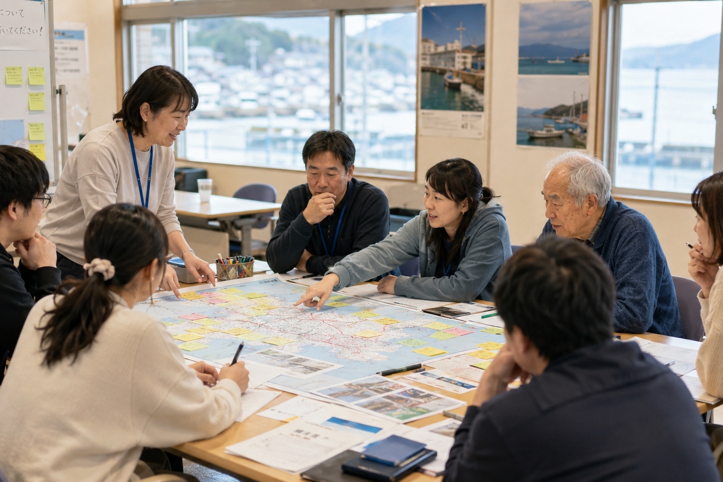 地図に付箋を貼りながら意見を出し合う、幅広い世代が参加するワークショップの様子
