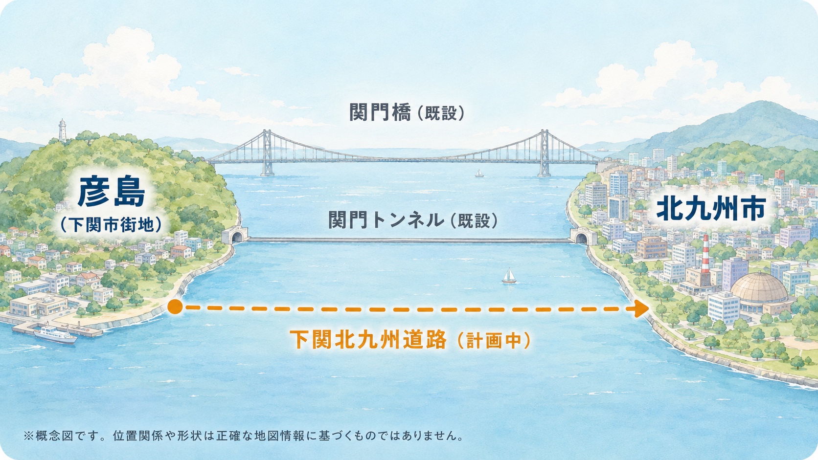 彦島（下関市街地）と北九州市を結ぶ関門橋・関門トンネル（既設）、下関北九州道路（計画中）の位置関係を示す水彩風の概念図