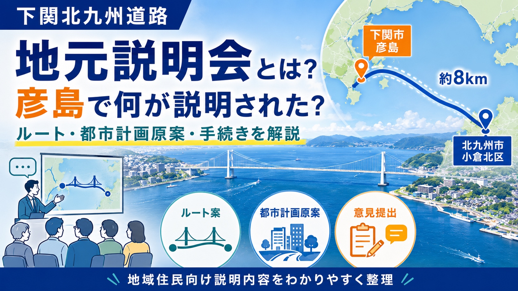 彦島公民館で開催された下関北九州道路の地元説明会をイメージした会場とルート図
