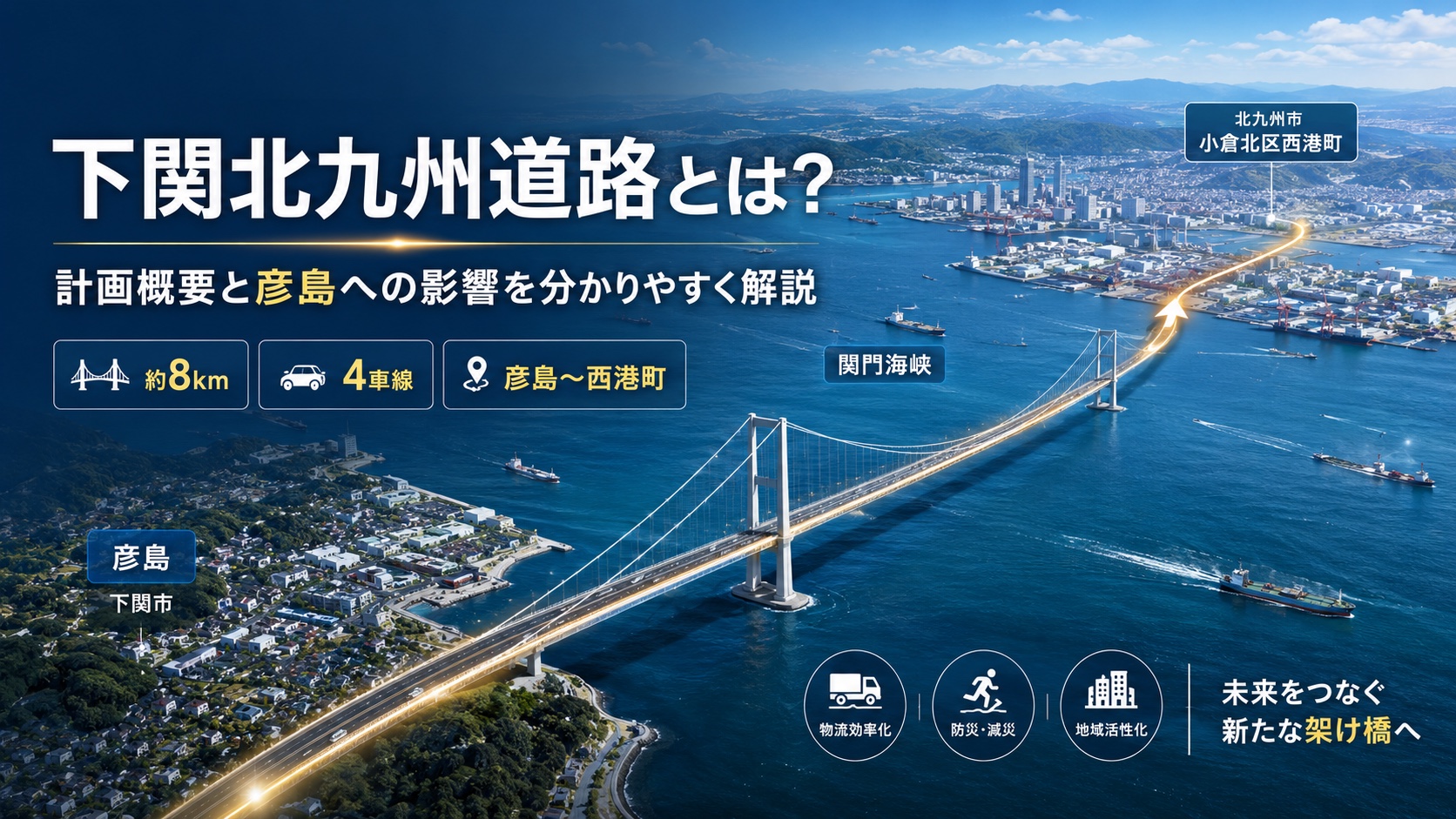 下関北九州道路の計画概要を紹介するインフォグラフィック。彦島から関門海峡を渡り北九州市小倉北区西港町へ至るルートと、延長約8km・4車線などの概要を示す