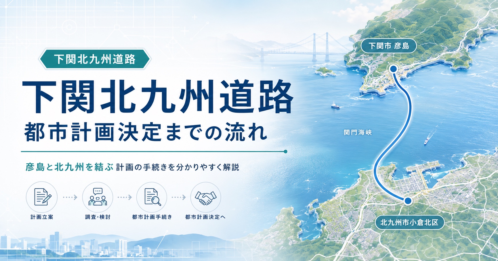 彦島と北九州市を結ぶ下関北九州道路の都市計画手続きと計画ルート