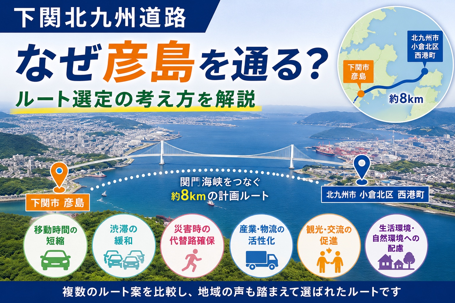 彦島から北九州市小倉北区西港町へ延びる下関北九州道路のルート選定イメージ